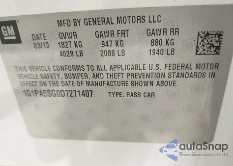 2013 Chevrolet Cruze Ls Auto from USA, damaged, VIN 1G1PA5SG0D7271407